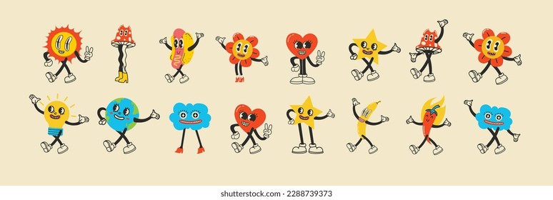 Groovy hippie love sticker character. Comic happy mushroom, hot dog and cloud character with wings in trendy retro 60s 70s cartoon style. Vintage isolated vector illustration.