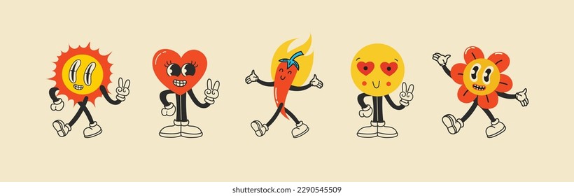 Groovy hippie love sticker character. Comic happy mushroom, hot dog and cloud character with wings in trendy retro 60s 70s cartoon style. Vintage isolated vector illustration.