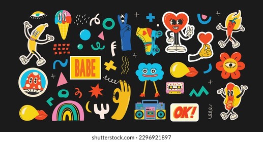 Groovy hippie love sticker character. Comic happy mushroom, hot dog and cloud character with wings in trendy retro 60s 70s cartoon style. Vintage isolated vector illustration.