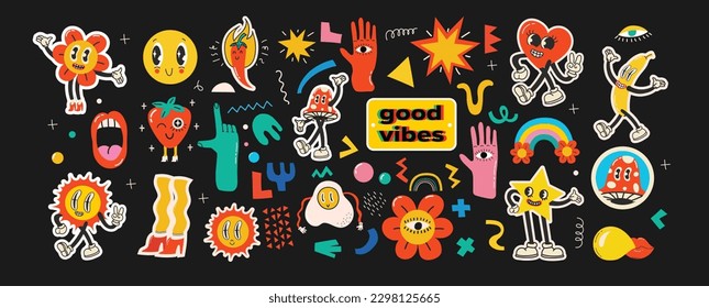 Groovy Hippie Liebe Sticker Charakter. Comic-Happy-Pilz, Hot-Hund und Cloud-Charakter mit Flügeln im trendigen Retro-Cartoon-Stil der 60er Jahre. Vintage, einzelne Vektorgrafik.