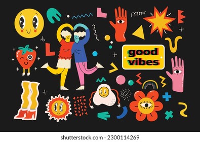 Groovy hippie love sticker character. Comic happy mushroom, hot dog and cloud character with wings in trendy retro 60s 70s cartoon style. Vintage isolated vector illustration.