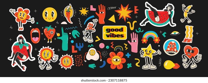 Groovy hippie love sticker character. Comic happy mushroom, hot dog and cloud character with wings in trendy retro 60s 70s cartoon style. Vintage isolated vector illustration.