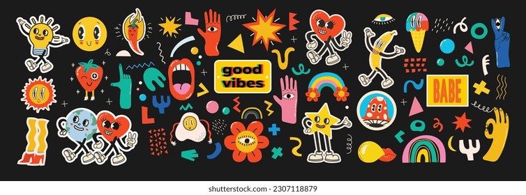 Groovy hippie love sticker character. Comic happy mushroom, hot dog and cloud character with wings in trendy retro 60s 70s cartoon style. Vintage isolated vector illustration.