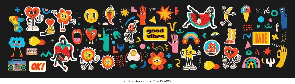 Groovy hippie love sticker character. Comic happy mushroom, hot dog and cloud character with wings in trendy retro 60s 70s cartoon style. Vintage isolated vector illustration.