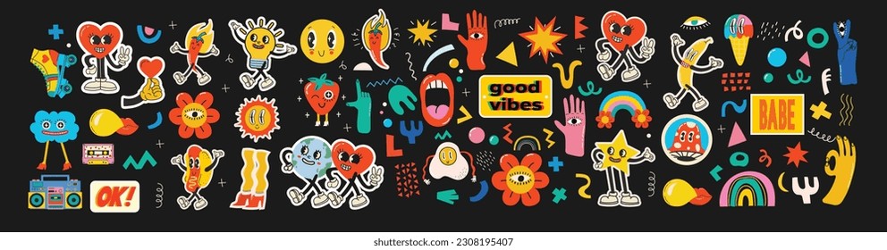 Groovy hippie love sticker character. Comic happy mushroom, hot dog and cloud character with wings in trendy retro 60s 70s cartoon style. Vintage isolated vector illustration.