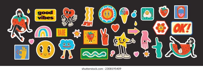 Groovy hippie love sticker character. Comic happy mushroom, hot dog and cloud character with wings in trendy retro 60s 70s cartoon style. Vintage isolated vector illustration.