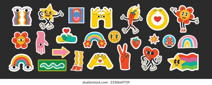Groovy hippie love sticker character. Comic happy mushroom, hot dog and cloud character with wings in trendy retro 60s 70s cartoon style. Vintage isolated vector illustration.