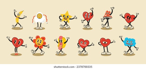 Groovy hippie love sticker character. Comic happy hearts, sun, stars, cloud character in trendy retro 60s 70s cartoon style. Vintage isolated vector illustration.