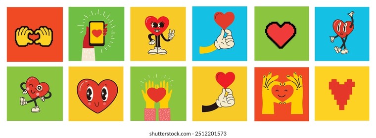 Groovy hippie love sticker characters. Comic happy faces, geometric shapes and flower characters in trendy retro 60s 70s cartoon style. Vintage isolated vector illustration.