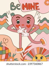 Groovy hippie love sticker collection for a retro, happy Valentine's Day. Features comic style joyful heart characters with flowers in a fashionable 60s-70s retro cartoon design. Vector illustration.