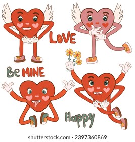 Groovy hippie love sticker collection for a retro, happy Valentine's Day. Features comic style joyful heart characters with flowers in a fashionable 60s-70s retro cartoon design. Vector illustration.