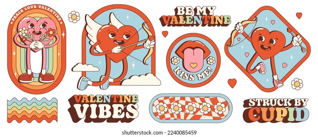 Groovy hippie love sticker set. Retro happy Valentines day. Comic happy heart character in trendy retro 60s 70s cartoon style. Retro characters and elements.