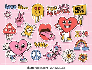 Groovy hippie love sticker set. Retro catroon happy Valentines day stickers pack. Comic heart mascots in trendy vintage 60s 70s cartoon style. Weird characters and elements. Vector illustration kit