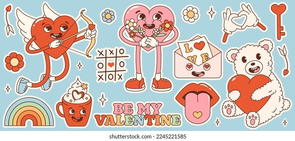 Groovy hippie love sticker set. Retro happy Valentines day. Comic happy heart character in trendy retro 60s 70s cartoon style. Retro cartoon characters and elements.