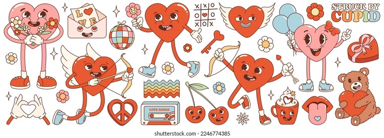 Groovy hippie love sticker set. Retro happy Valentines day. Comic happy heart character in trendy retro 60s 70s cartoon style. Retro characters and elements.	 svg