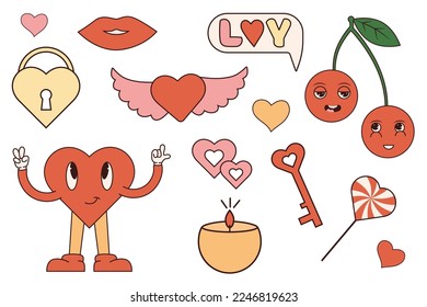 Groovy hippie love sticker set. Retro happy Valentines day. Comic happy heart character in trendy retro 60s 70s cartoon style. Retro characters and elements.