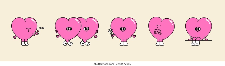 Groovy hippie love sticker set. Heart funny cartoon character different pose. Happy valentine's day concept. Trendy retro 60s 70s style emoji. Y2K aesthetic. Romantic mascot. flat Vector illustration. - Shutterstock ID 2258677085