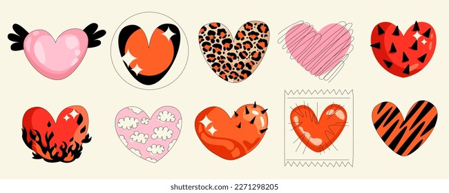 Groovy hippie love sticker set. Retro cartoon elements. Heart in trendy retro 80s 90s style. Hearts with animal decor. Vector flat contour illustration. Symbol of love and passion