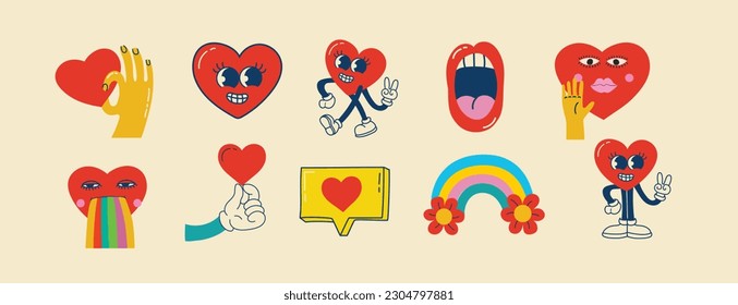 Groovy hippie love sticker set. Retro happy Valentines day. Comic happy heart character in trendy retro 60s 70s cartoon style. Retro characters and elements.