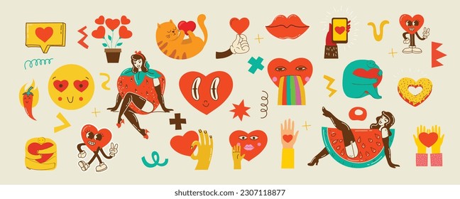 Groovy hippie love sticker set. Retro happy Valentines day. Comic happy heart character in trendy retro 60s 70s cartoon style. Retro characters and elements.