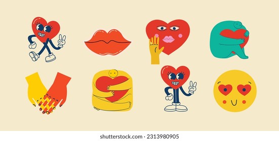 Groovy hippie love sticker set. Retro happy Valentines day. Comic happy heart character in trendy retro 60s 70s cartoon style. Retro characters and elements.