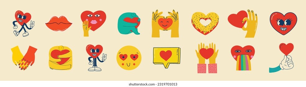 Groovy hippie love sticker set. Retro happy Valentines day. Comic happy heart character in trendy retro 60s 70s cartoon style. Retro characters and elements.