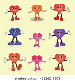 Groovy hippie love sticker set. Retro happy Valentines day. Comic happy heart character in trendy retro 60s 70s cartoon style. Retro characters and elements.