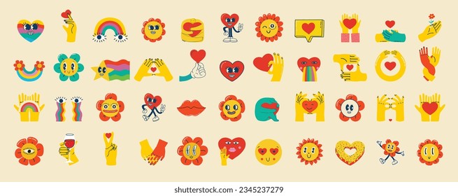 Groovy hippie love sticker set. Retro happy Valentines day. Comic happy heart character in trendy retro 60s 70s cartoon style. Retro characters and elements.