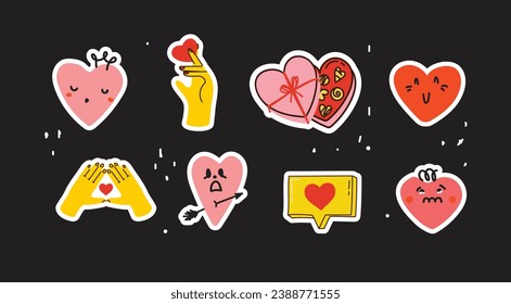 Groovy hippie love sticker set. Heart funny cartoon character different pose. Happy valentine's day concept. Trendy retro 60s 70s style emoji. Y2K aesthetic. Vector illustration.