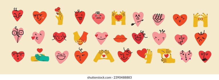Groovy hippie love sticker set. Heart funny cartoon character different pose. Happy valentine's day concept. Trendy retro 60s 70s style emoji. Y2K aesthetic. Vector illustration.