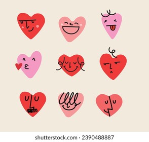 Groovy hippie love sticker set. Heart funny cartoon character different pose. Happy valentine's day concept. Trendy retro 60s 70s style emoji. Y2K aesthetic. Vector illustration.