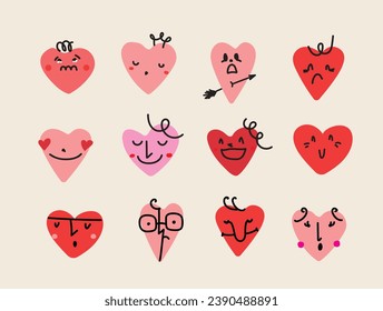 Groovy hippie love sticker set. Heart funny cartoon character different pose. Happy valentine's day concept. Trendy retro 60s 70s style emoji. Y2K aesthetic. Vector illustration.