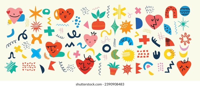 Groovy Hippie Liebessticker Set. Herzliche lustige Cartoon Charakter verschiedenen Pose. Herzlichen Glückwunsch Valentins Tageskonzept. Trendy Retro 60er 70er Jahre Stil Emoji. Y2K ästhetisch. Vektorgrafik.