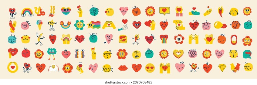 Groovy hippie love sticker set. Heart funny cartoon character different pose. Happy valentine's day concept. Trendy retro 60s 70s style emoji. Y2K aesthetic. Vector illustration.