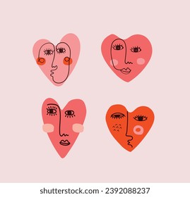 Groovy hippie love sticker set of the funny cartoon hearts characters. Happy valentine's day concept. Trendy retro 60s 70s style emoji. Y2K aesthetic. Vector illustration.