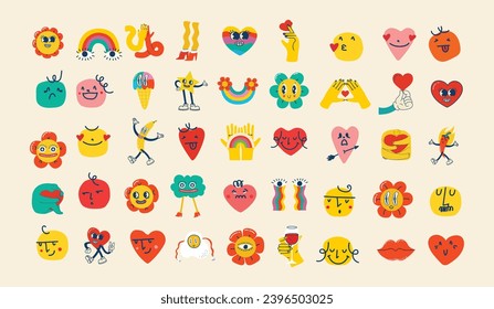 Groovy hippie love sticker set. Heart funny cartoon character different pose. Happy valentine's day concept. Trendy retro 60s 70s style emoji. Y2K aesthetic. Vector illustration.