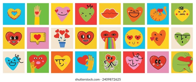 Groovy hippie love sticker set. Heart funny cartoon character different pose. Happy valentine's day concept. Trendy retro 60s 70s style emoji. Y2K aesthetic. Vector illustration.