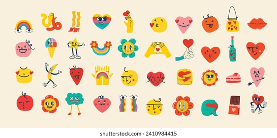 Groovy hippie love sticker set. Heart funny cartoon character different pose. Happy valentine's day concept. Trendy retro 60s 70s style emoji. Y2K aesthetic. Vector illustration.