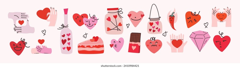 Groovy hippie love sticker set. Heart funny cartoon characters, icons, illustrations and happy valentine's day concept. Y2K aesthetic. Vector illustration.