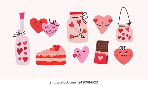 Groovy hippie love sticker set. Heart funny cartoon characters, icons, illustrations and happy valentine's day concept. Y2K aesthetic. Vector illustration.