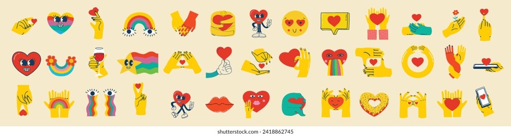 Groovy hippie love sticker set. Heart funny cartoon character different pose. Happy valentine's day concept. Trendy retro 60s 70s style emoji. Vector illustration.