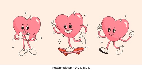 Groovy hippie love sticker set. Heart funny cartoon character different pose. Happy valentine's day concept. Trendy retro 60s 70s style emoji. Y2K aesthetic. Romantic mascot.