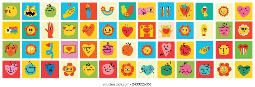 Groovy hippie love sticker set. Heart funny cartoon character different pose. Happy valentine's day concept. Trendy retro 60s 70s style emoji. Y2K aesthetic. Vector illustration.
