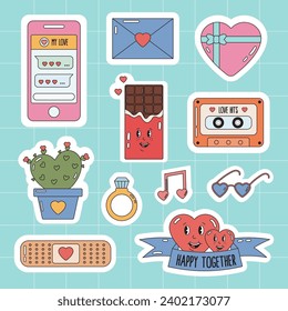 Groovy hippie love stickers. Collection of scrapbooking elements for valentines day. romantic themed holidays Valentine day pack. Romantic doodle vector icons for daily planner, diary.