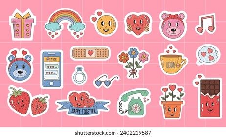 Groovy hippie love stickers. Collection of scrapbooking elements for valentines day. Retro cartoon happy Valentines day stickers pack.
