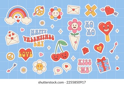 Groovy hippie love stickers. Retro happy Valentines day. Comic happy character in trendy retro 60s 70s cartoon style. Vector set retro elements.