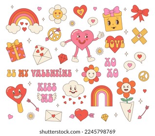 Groovy hippie love stickers set. Retro happy Valentines day. Funny character in trendy retro 60s 70s cartoon style. Cool vector set retro elements.