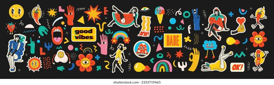 Groovy hippie love stickers set. Comic happy retro girls, geometric stickers, characters in trendy retro 60s 70s cartoon style. Vintage vector illustrations.