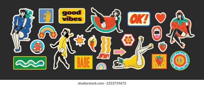 Groovy hippie love stickers set. Comic happy retro girls, geometric stickers, characters in trendy retro 60s 70s cartoon style. Vintage vector illustrations.