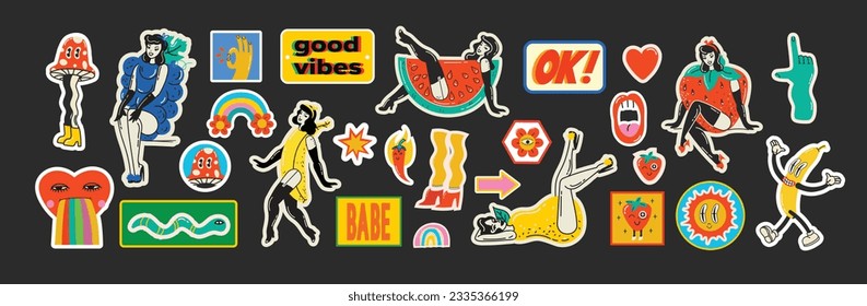 Groovy hippie love stickers set. Comic happy retro girls, geometric stickers, characters in trendy retro 60s 70s cartoon style. Vintage vector illustrations.